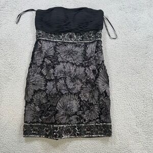 Sue Wong Black Strapless Beaded Floral Embellished Cocktail Dress Size 8‎
